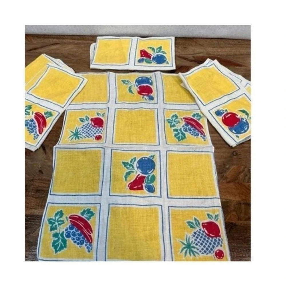 Fruit Print Linen Set of 6 Yellow Blue Red Retro MCM‎ Table Decor Vintage 15x11